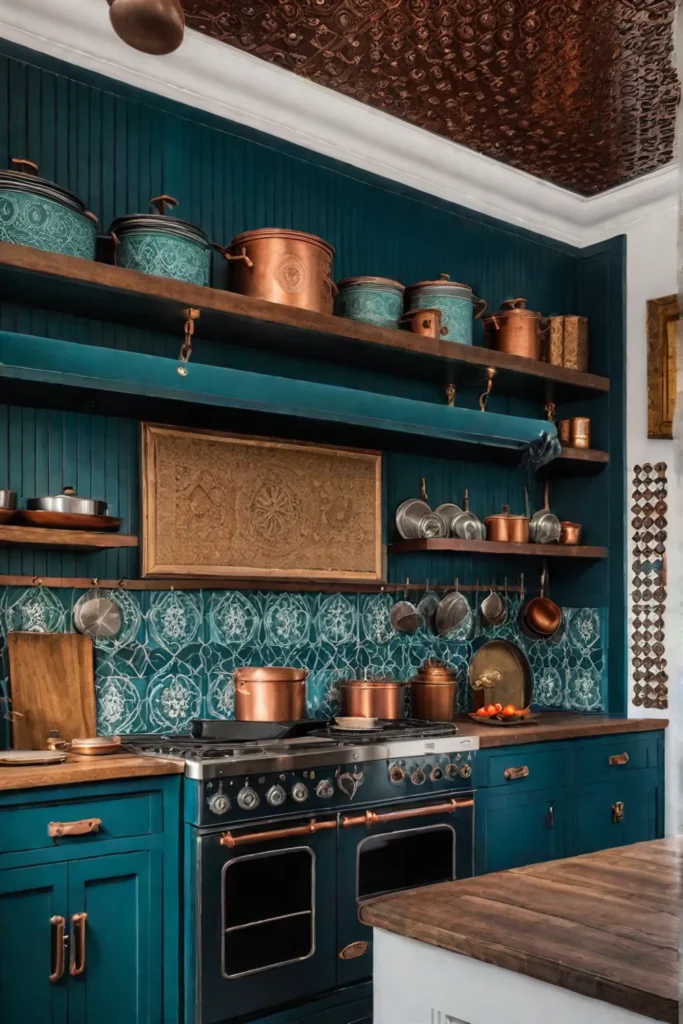 Bohemian kitchen design with DIY backsplash and vintage accents