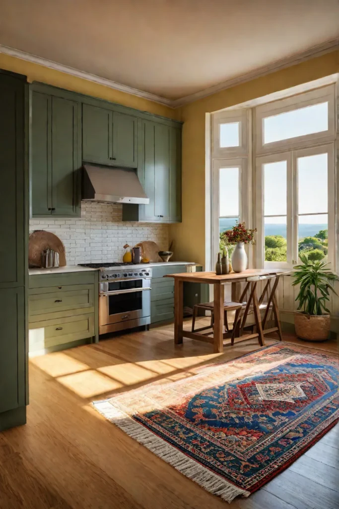 Bright airy kitchen with yellow walls and open shelves showcasing colorful pottery