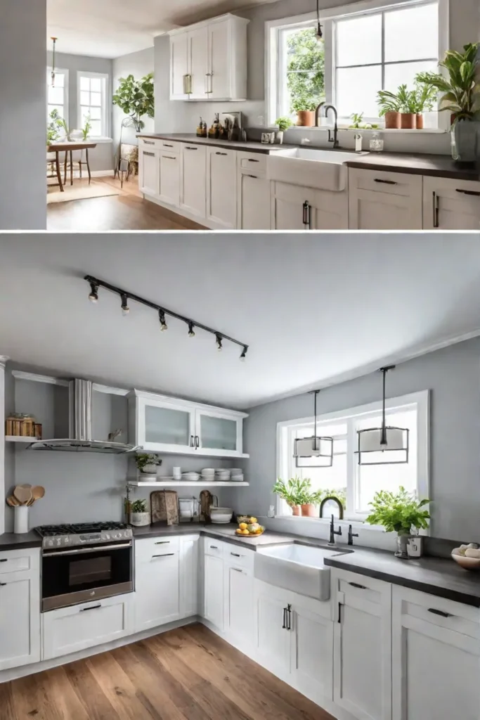 Bright and airy galley kitchen with white cabinets and open shelving