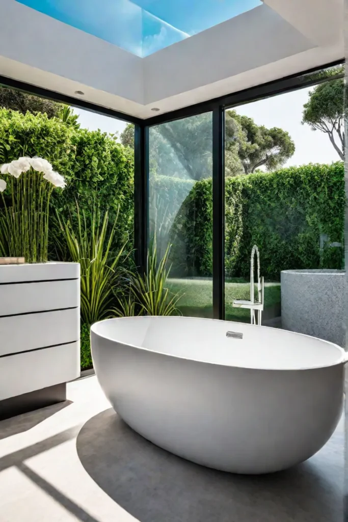 Bright bathroom nature view white tile floor