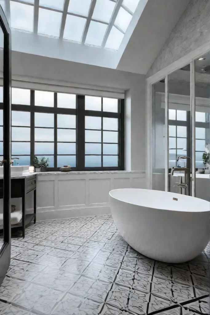 Bright bathroom with patterned tile floors