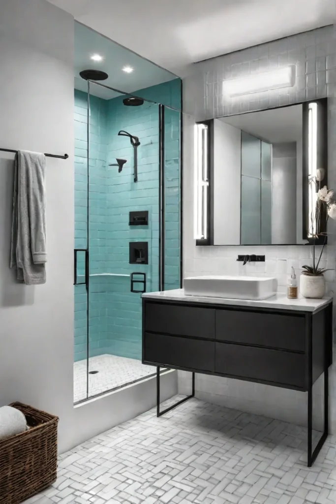 Bright bathroom with reflective metal floors