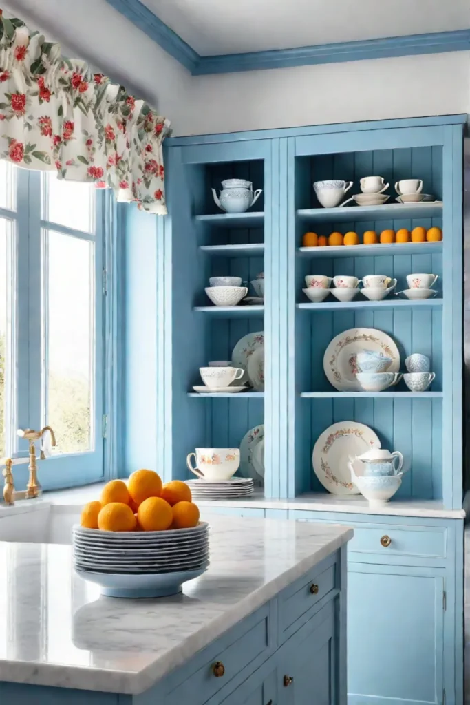 Charming cottage kitchen with pastel blue cabinets floral patterns and vintage teacups