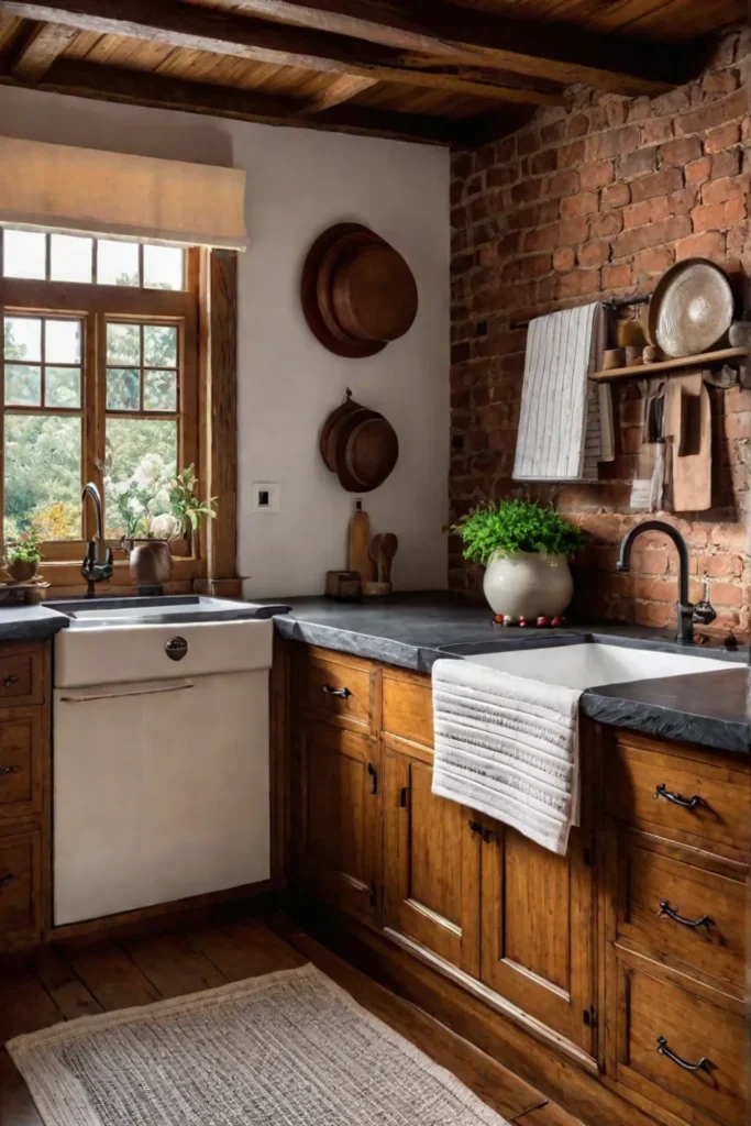 Charming rustic kitchen with exposed brick wooden beams and vintage accents