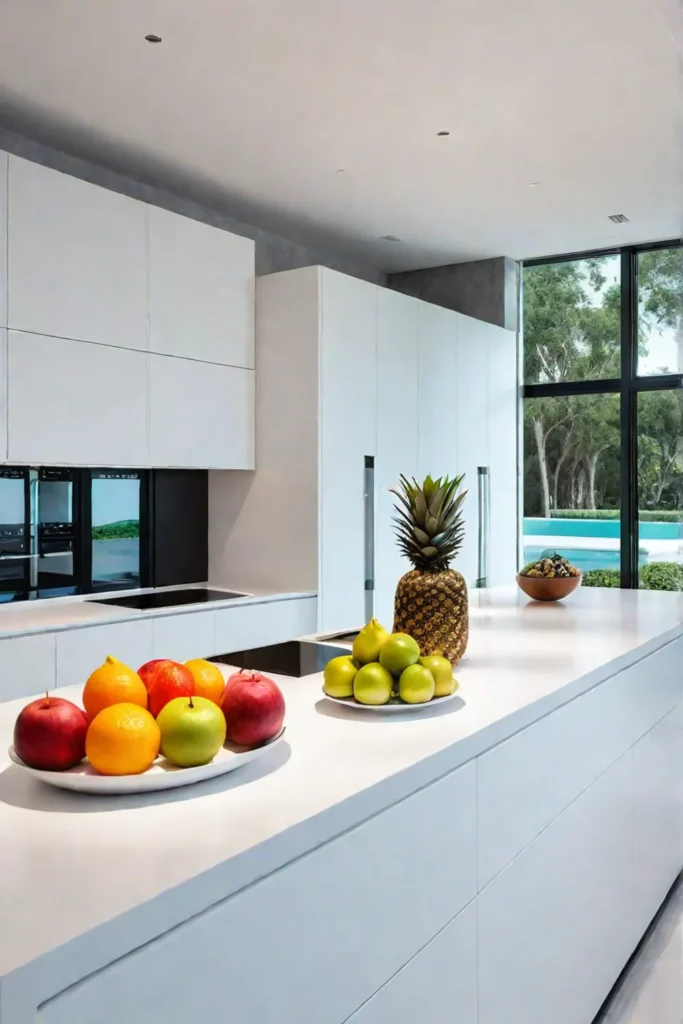 Clean and modern kitchen with white cabinets abstract art and colorful accents