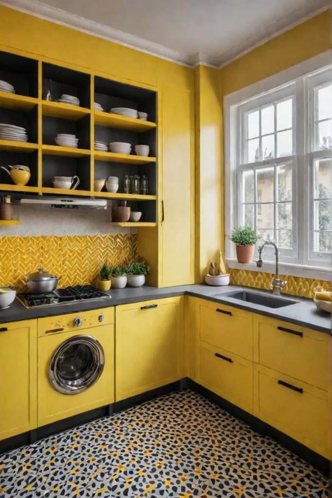 Colorful kitchen design peelandstick floor tiles open shelving