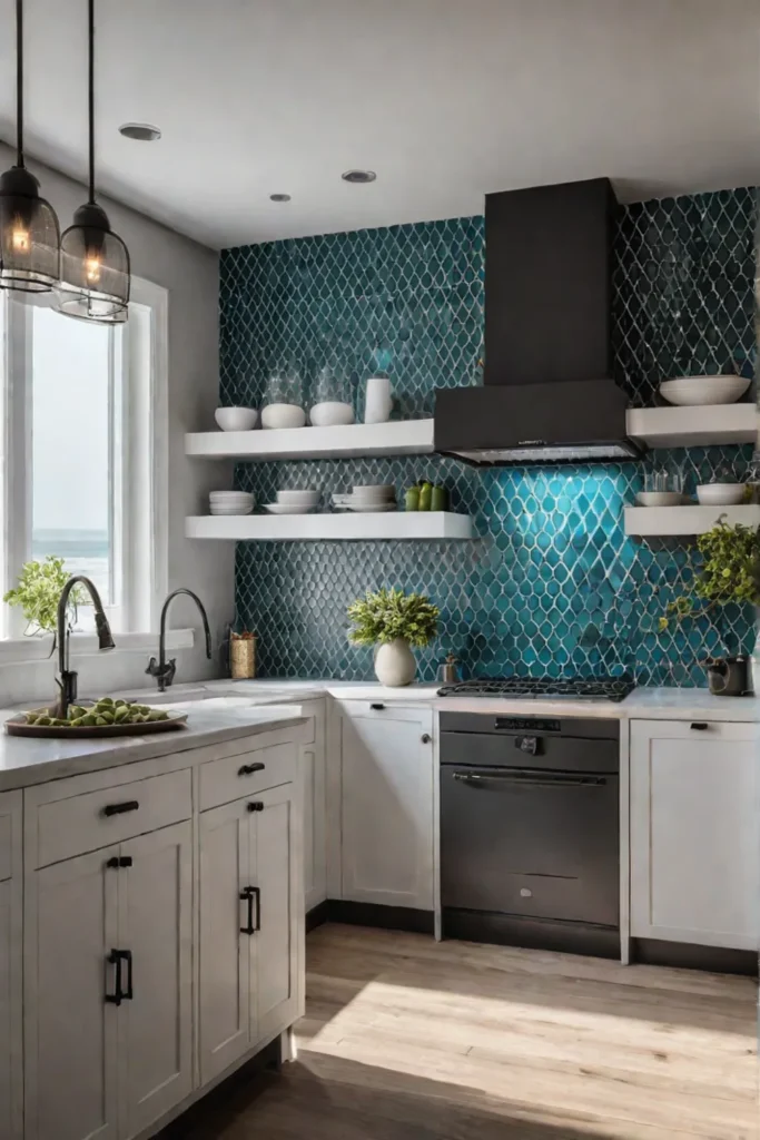 Colorful kitchen design with bold backsplash and unique lighting