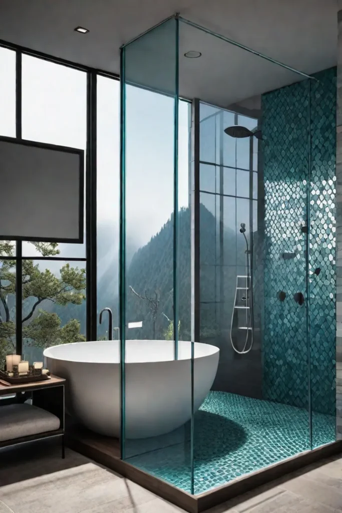 Contemporary bathroom with mosaic tile shower and geometric patterns