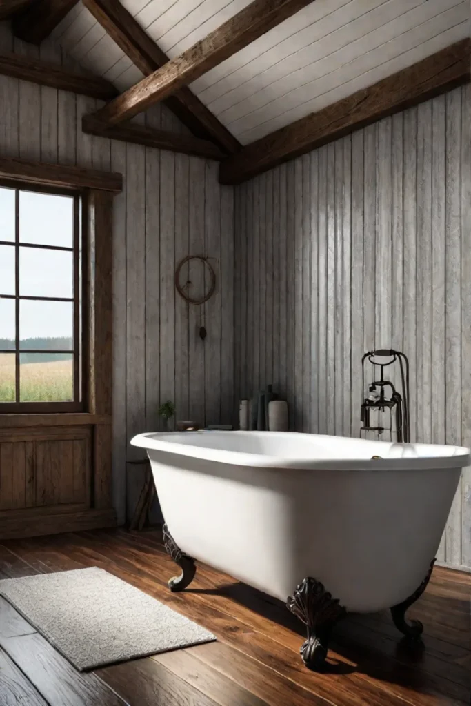 Cozy bathroom wood beams woodlook floor