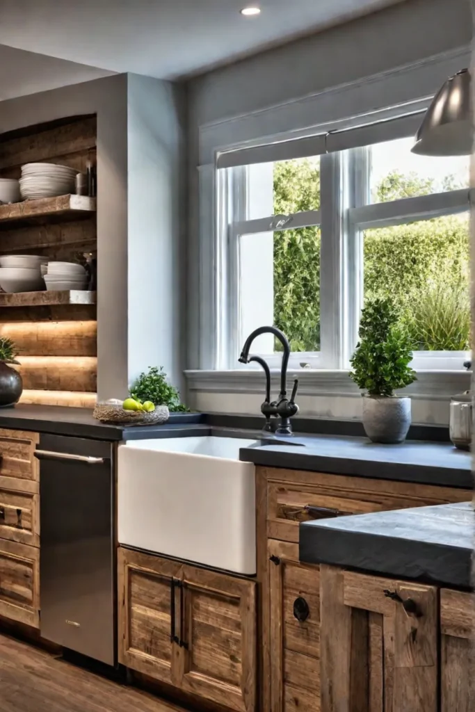 Ecofriendly kitchen with reclaimed wood and farmhouse sink