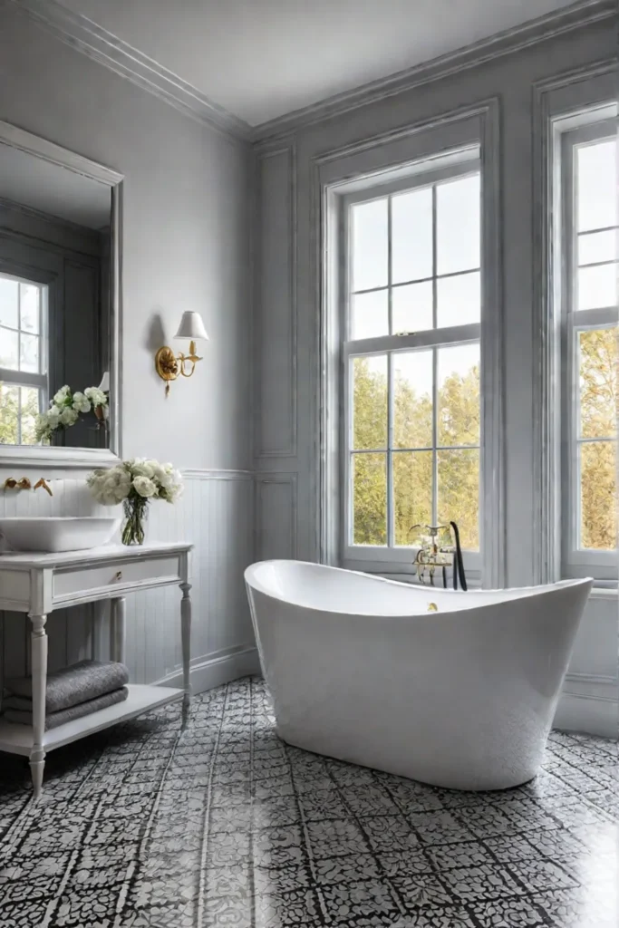 Elegant bathroom with heated flooring mosaic backsplash and freestanding tub