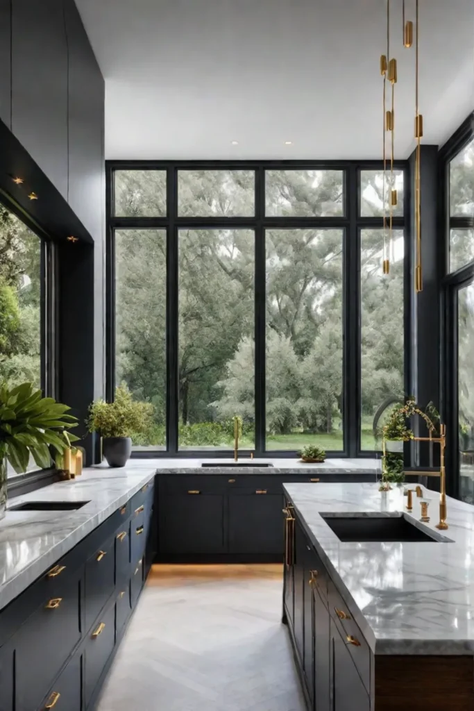 Elegant kitchen with dark gray cabinets marble countertops and luxurious details