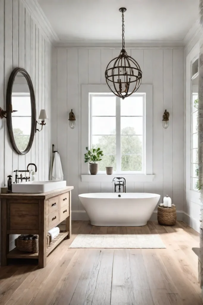 Farmhouse bathroom with wood flooring