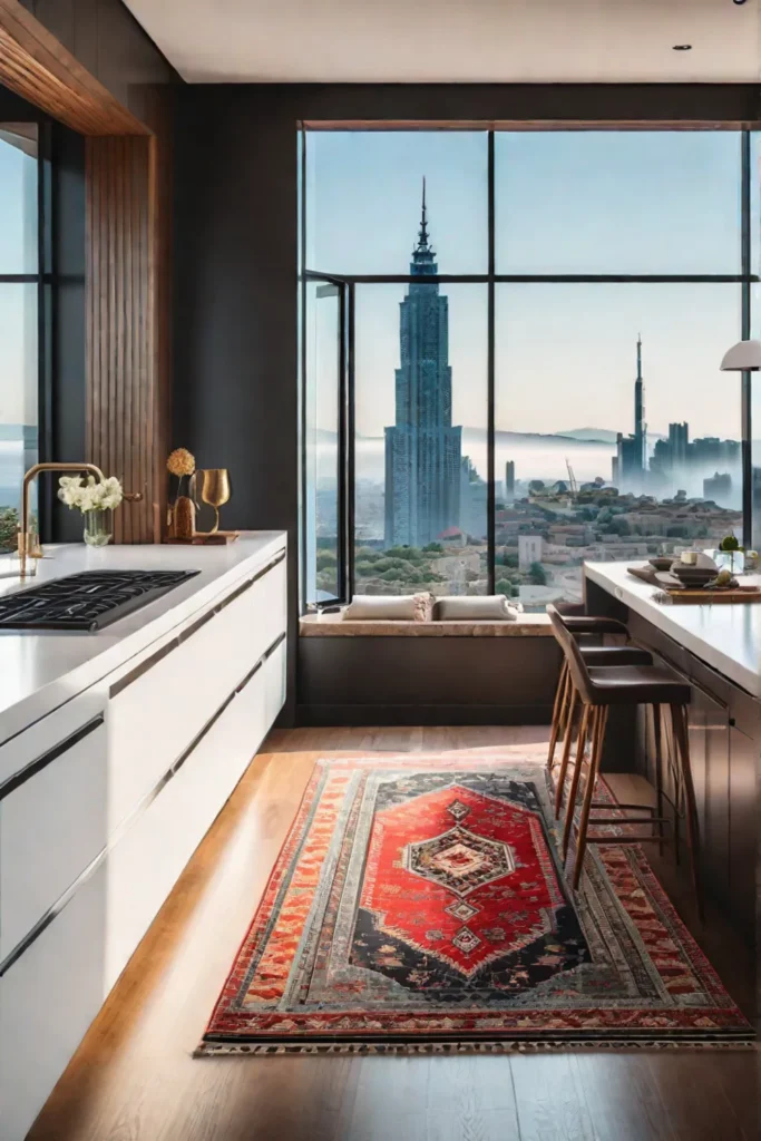 Globalinspired kitchen city views kilim rug