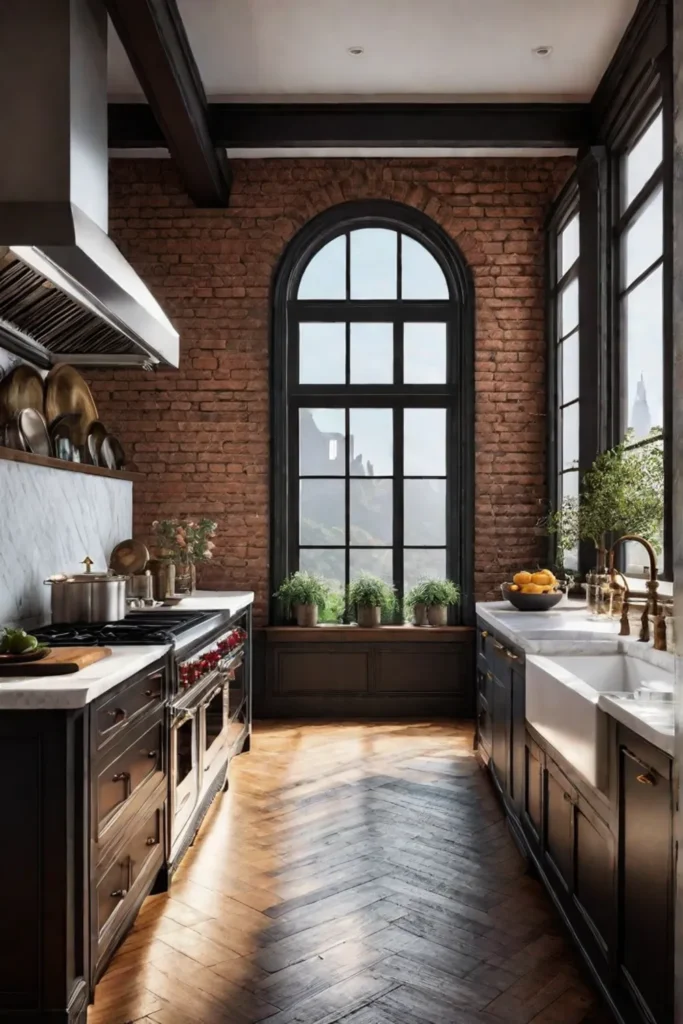 Historic home kitchen exposed brick farmhouse sink