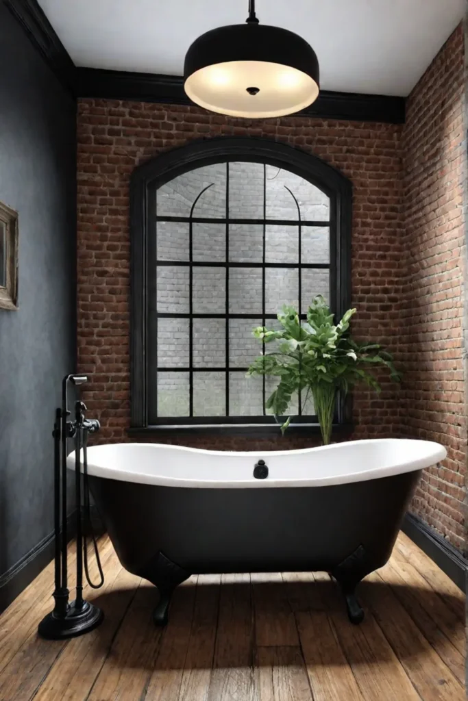 Industrial bathroom with reclaimed wood flooring