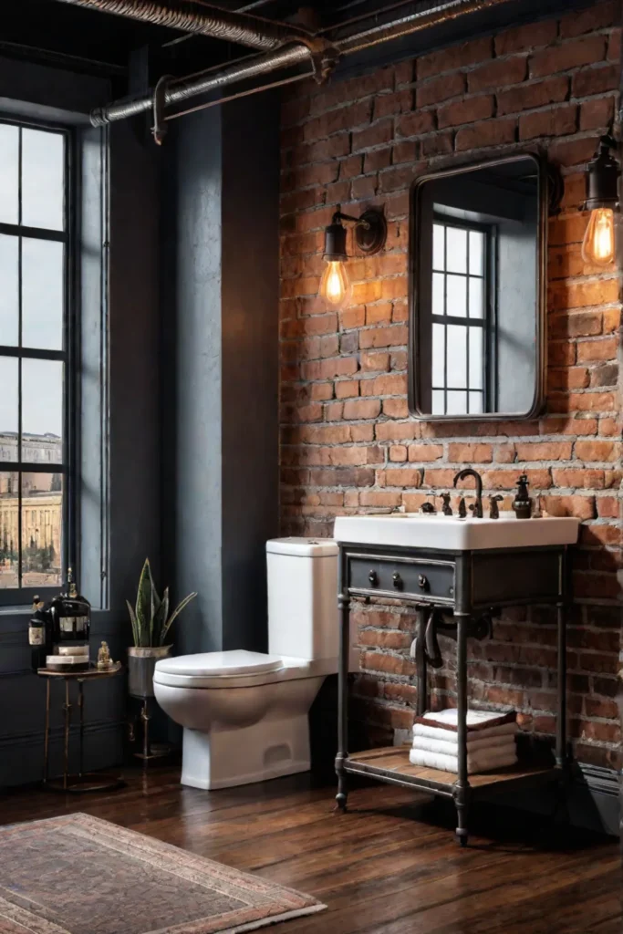 Industrial bathroom with reclaimed wood flooring