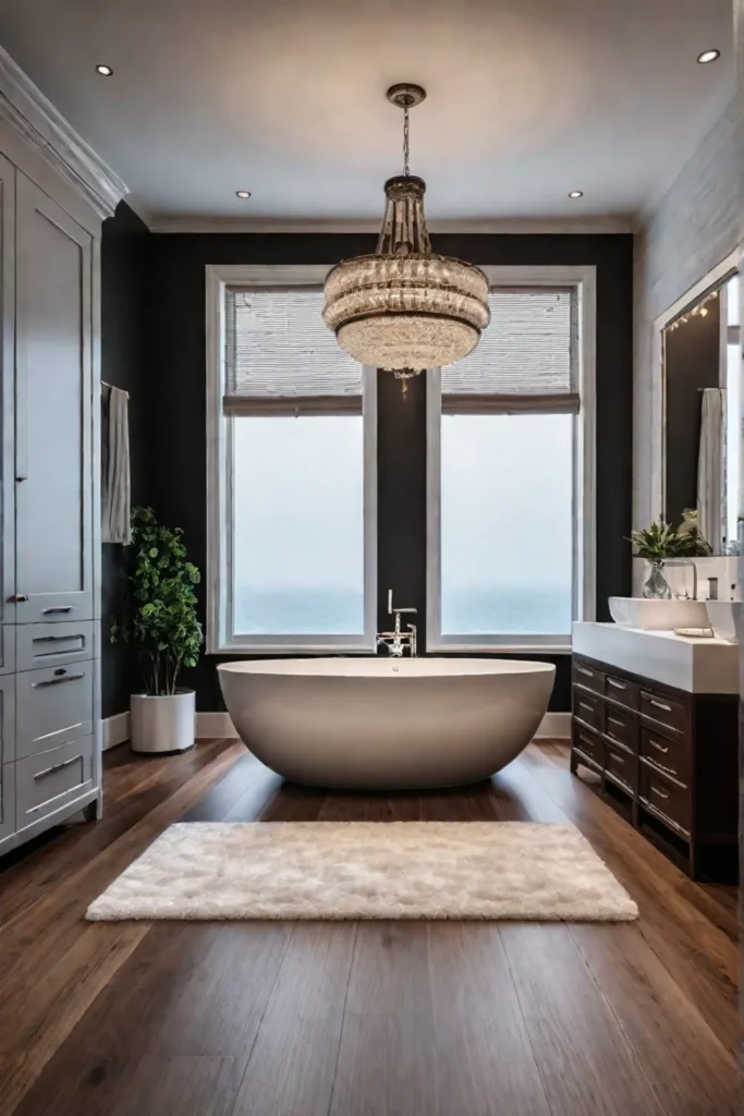 Inviting bathroom engineered wood soaking tub