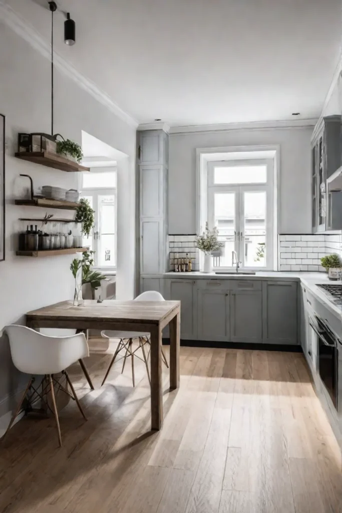 Lightcolored small kitchen for spacious feel