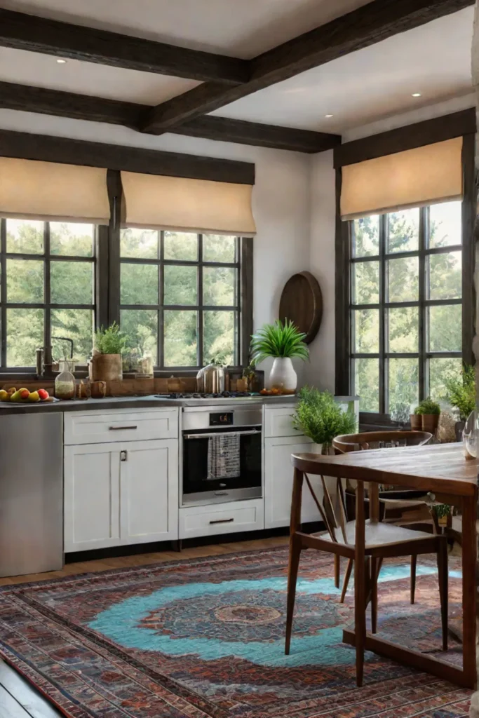 Lively bohemian kitchen with colorful tiles eclectic dishware and a vintage rug