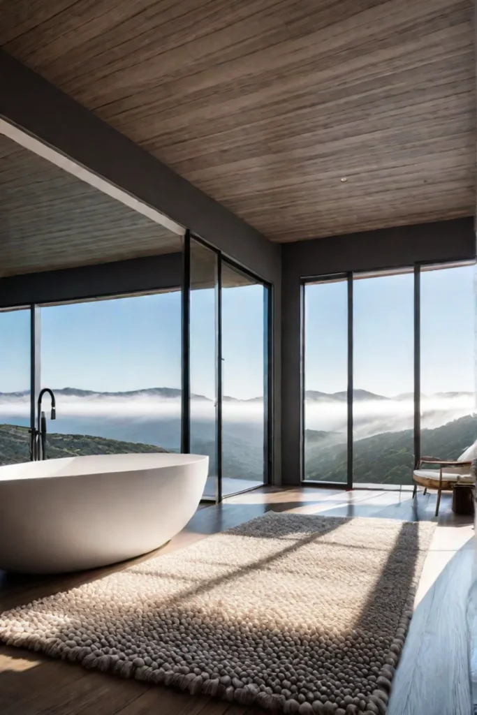 Luxurious bathroom with soaking tub panoramic views and plush rug