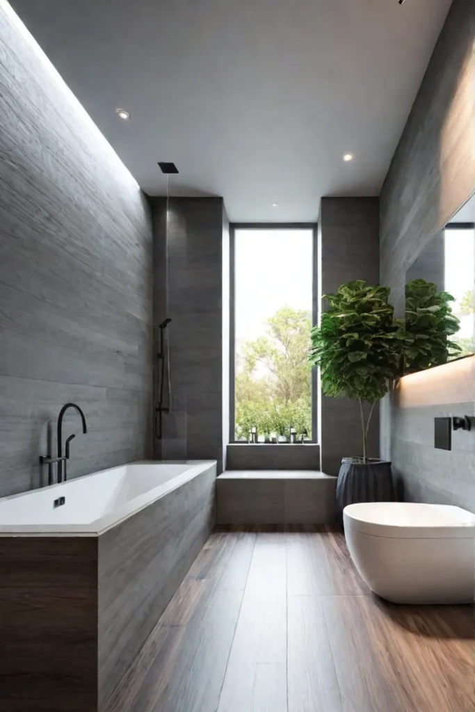 Minimalist bathroom with woodlook tile and sleek design