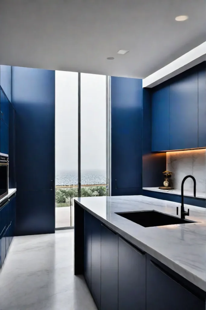 Modern art museum kitchen navy blue cabinets marble