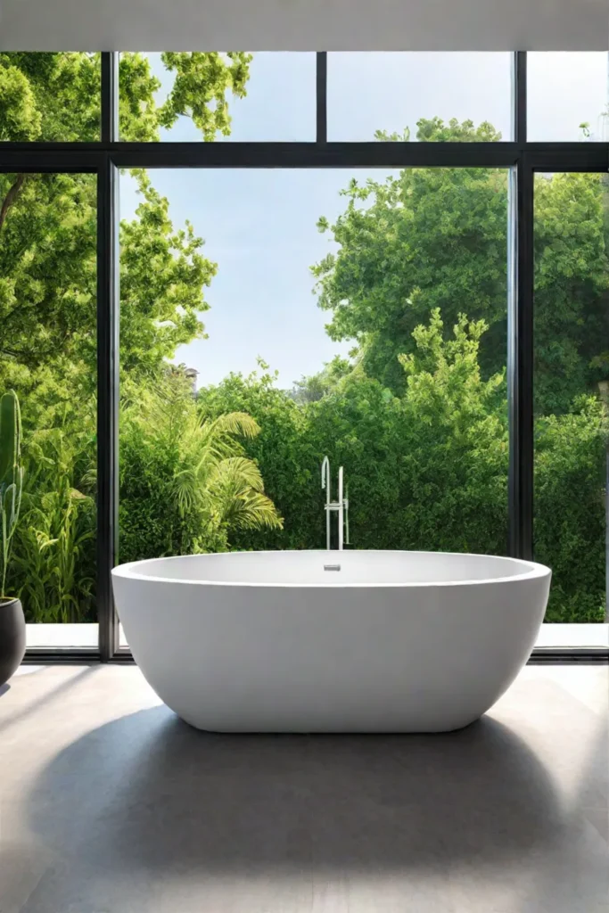 Modern bathroom with largeformat tiles and garden view