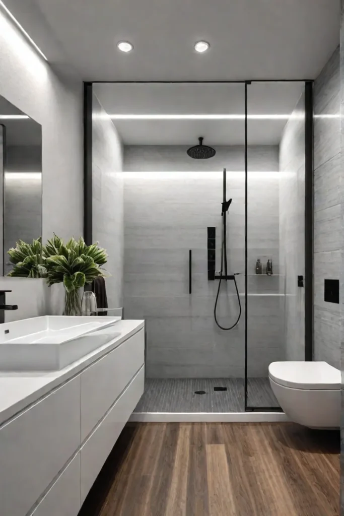 Modern bathroom with woodlook tile flooring and walkin shower