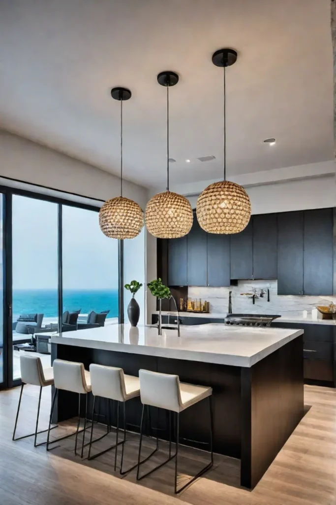 Modern kitchen with handleless cabinets and waterfall countertop