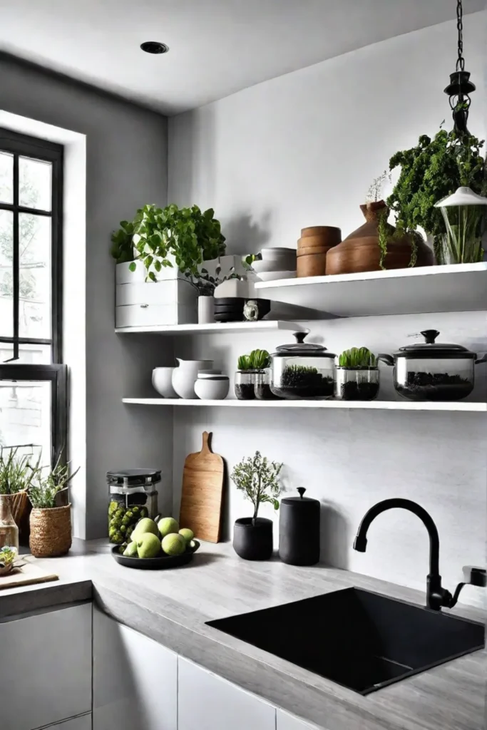 Open shelving with curated displays in a kitchen