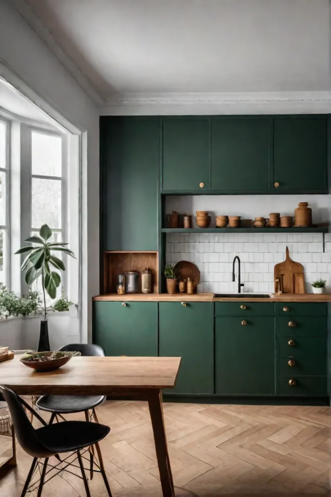 Practical and stylish kitchen with green cabinets brass accents and a focus on organization