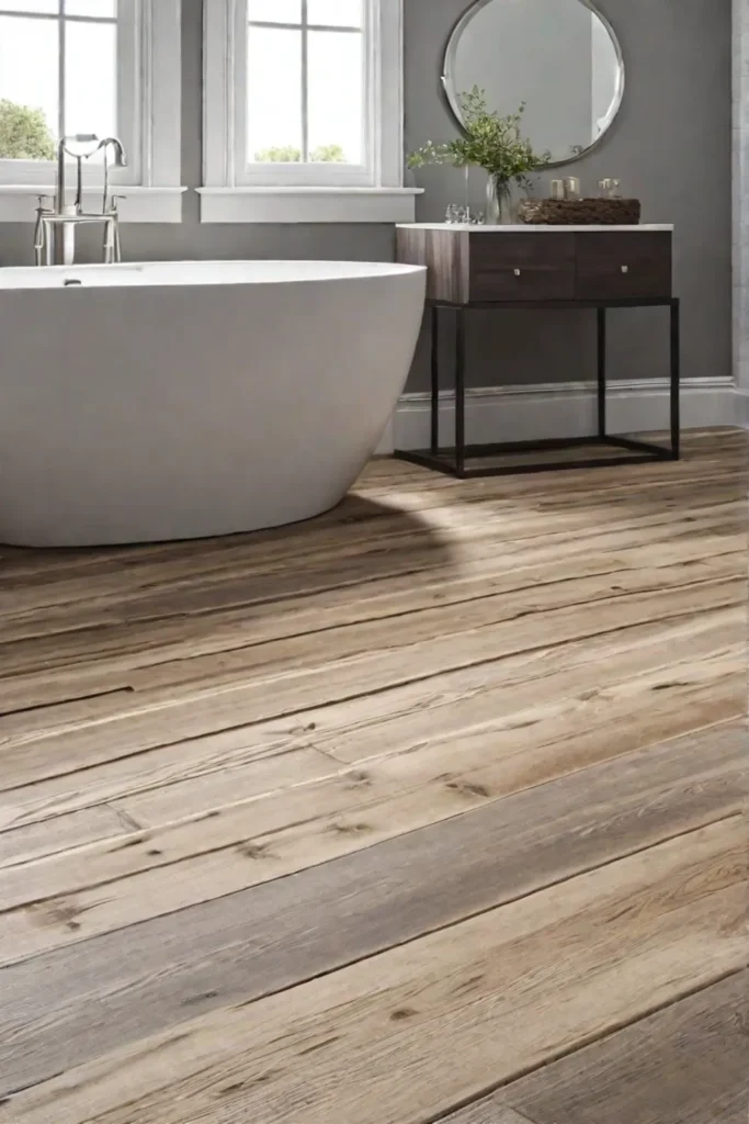 Reclaimed wood bathroom flooring closeup