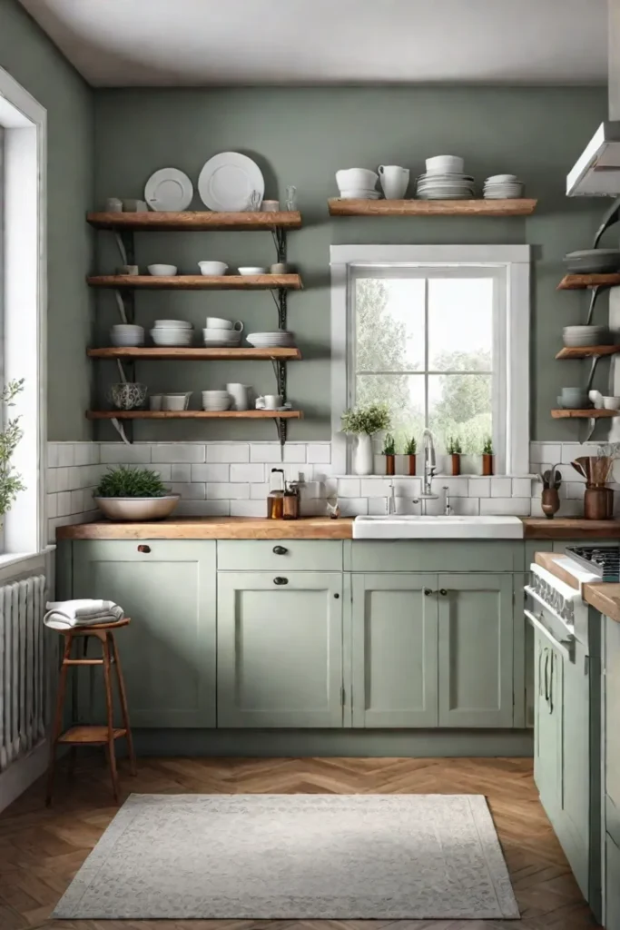 Refinished cabinets open shelving white subway tile