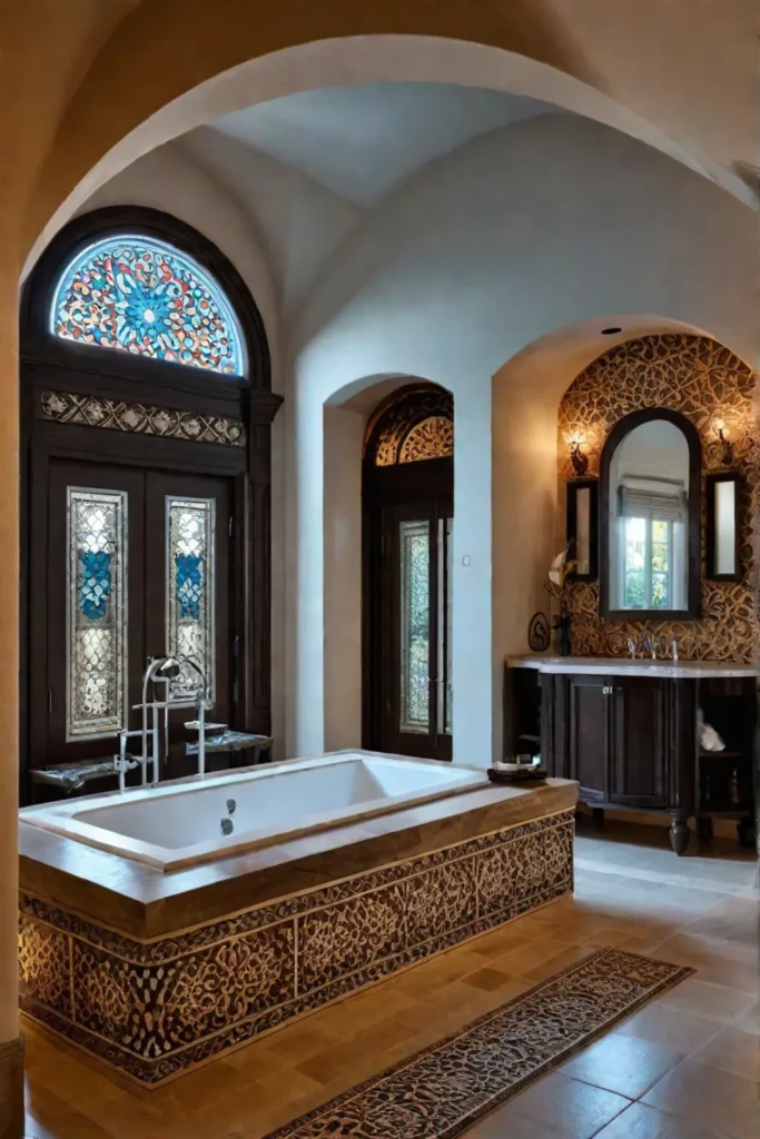 Relaxing bathroom with arched doorways and mosaic tile details