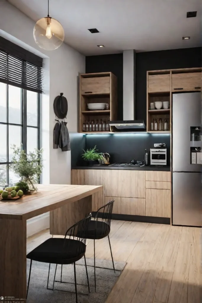 Scandinavian small kitchen with spacesaving refrigerator