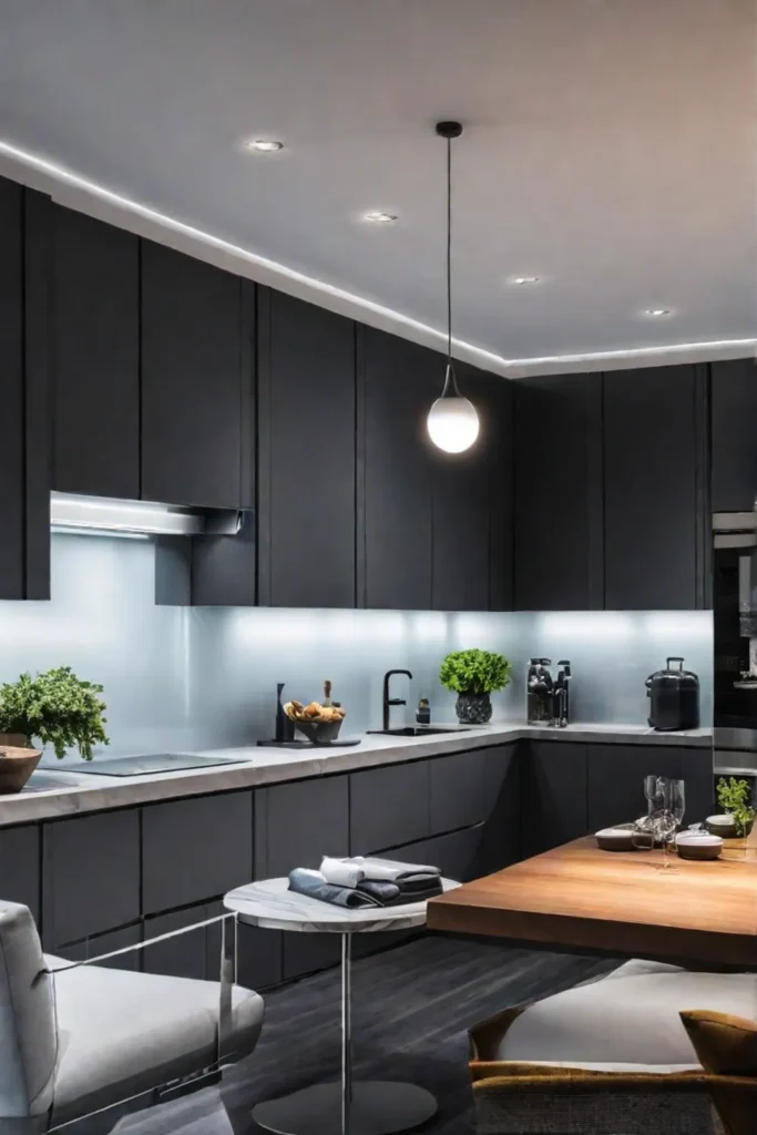 Small kitchen with a mirrored backsplash