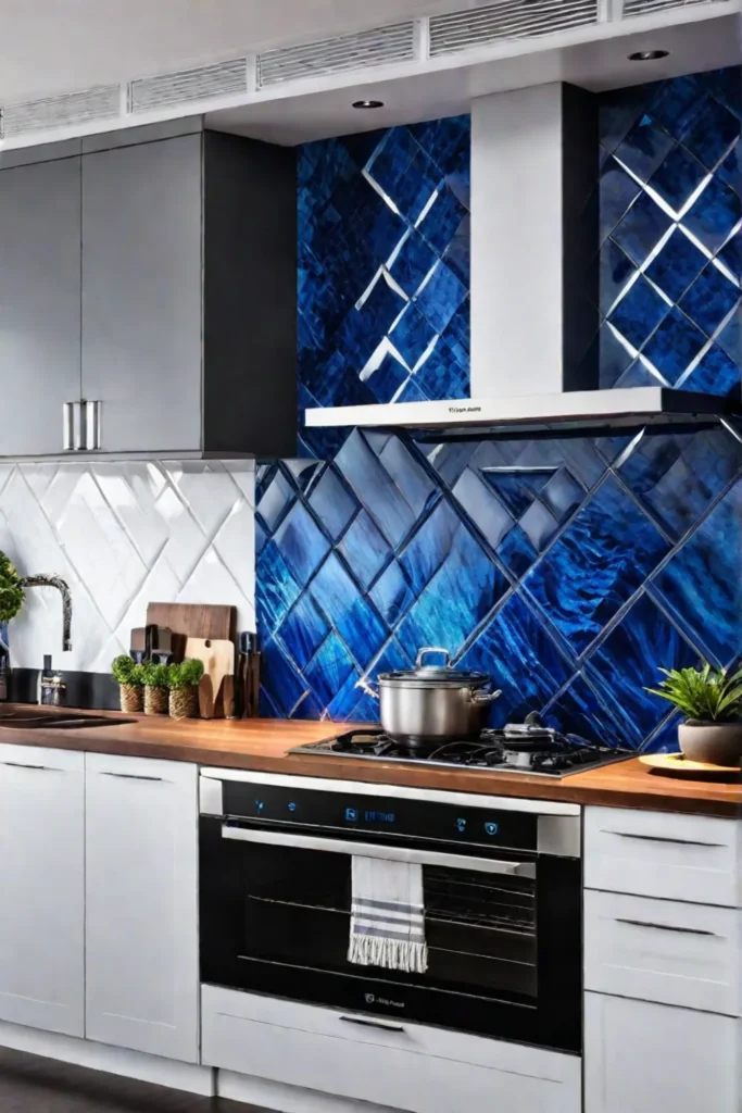 Small kitchen with a vibrant blue tile backsplash