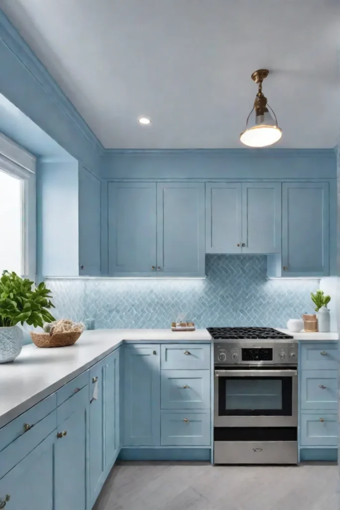 Small kitchen with blue cabinets and a calming atmosphere