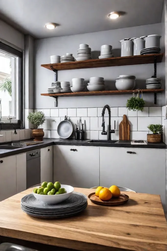 Small kitchen with open shelves and personality