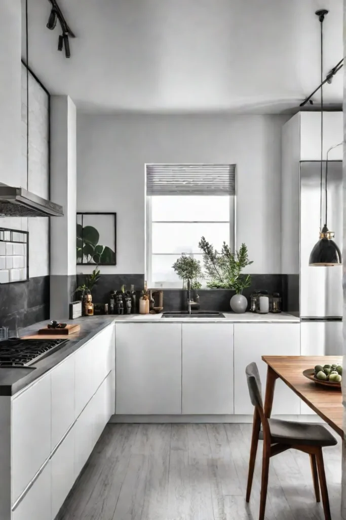 Small white kitchen with mirrors