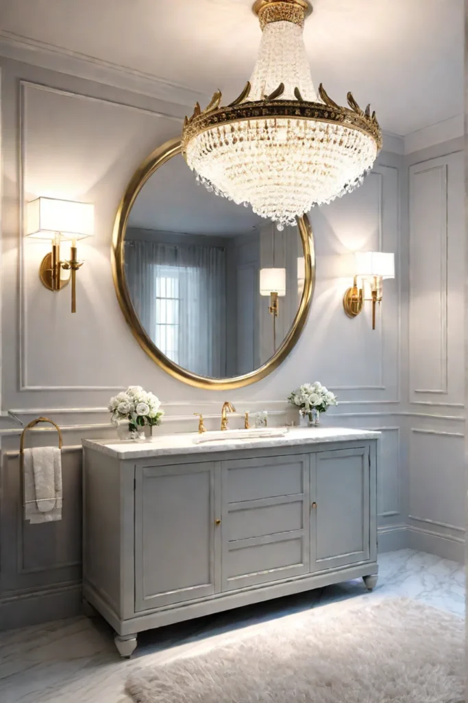 Sophisticated bathroom with opulent decor and plush area rug