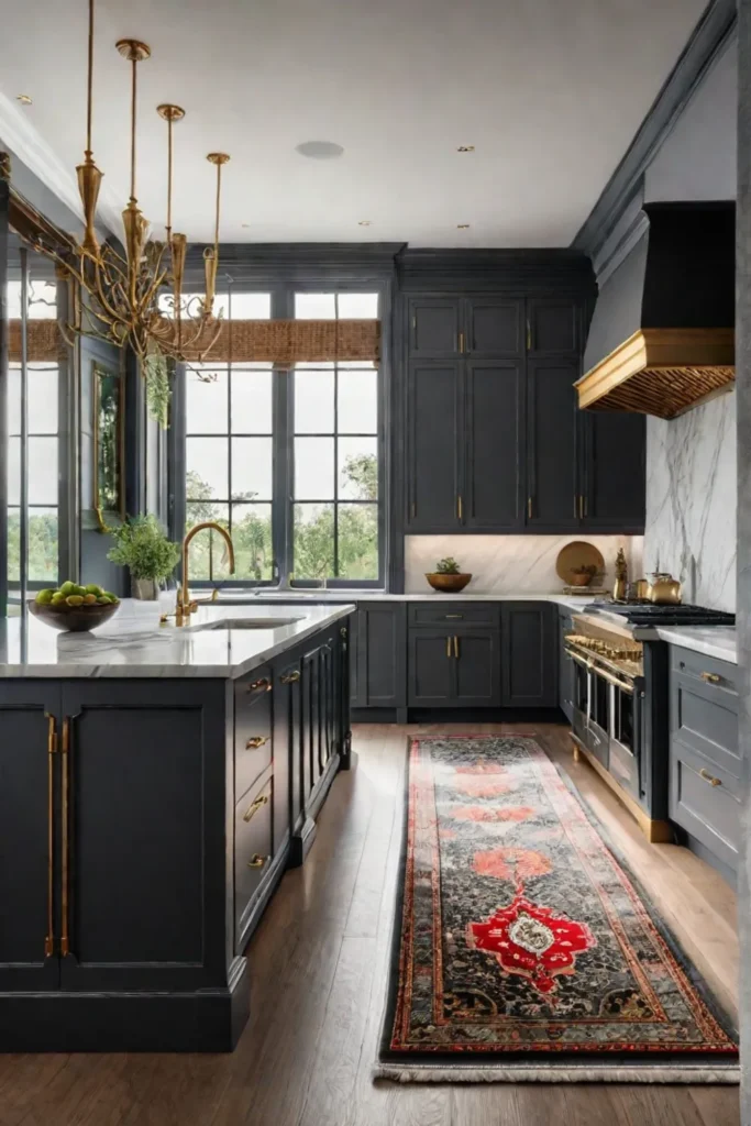 Sophisticated kitchen design incorporating natural light greenery and luxurious textures