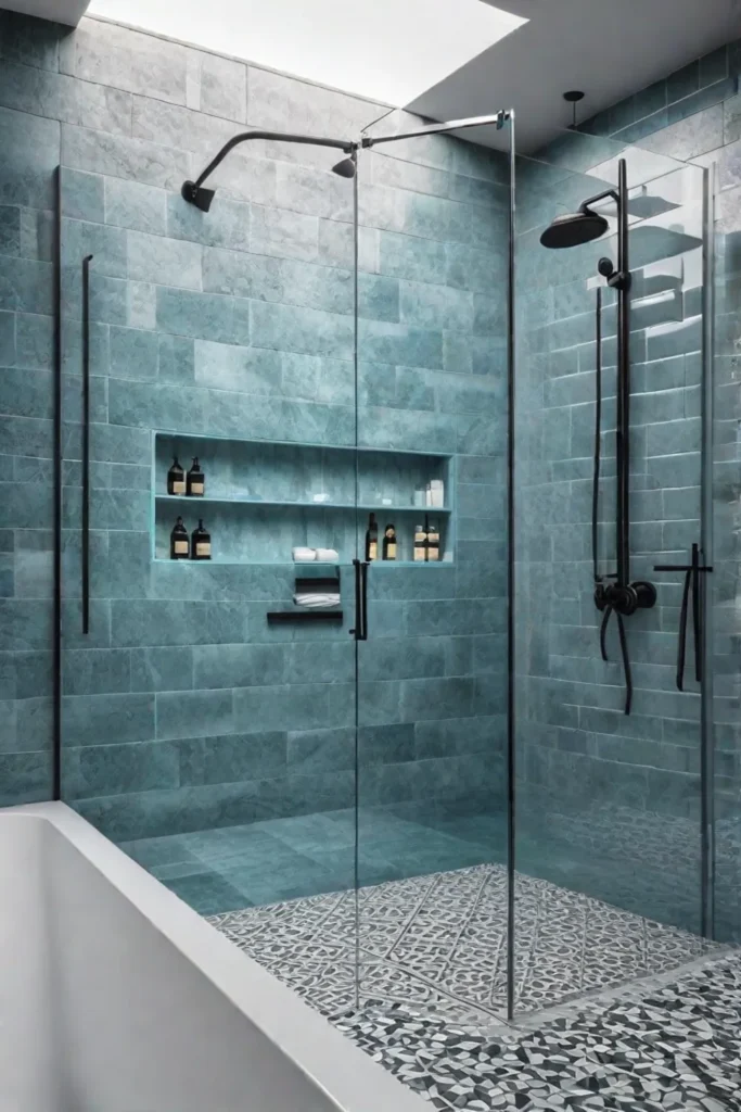 Stylish bathroom with bold mosaic tilework and modern fixtures