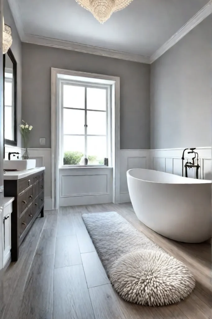 Tranquil bathroom retreat with area rug and relaxing ambiance