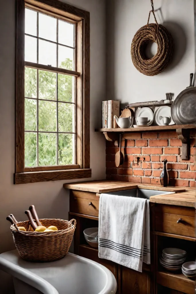 Warm and inviting farmhouse kitchen with handmade textiles and antique decor