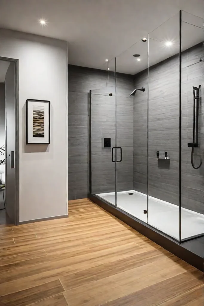 Zen bathroom with continuous bamboo flooring