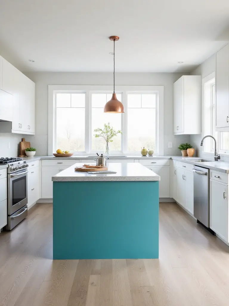 Modern kitchen with white cabinets and a bold teal kitchen island.
