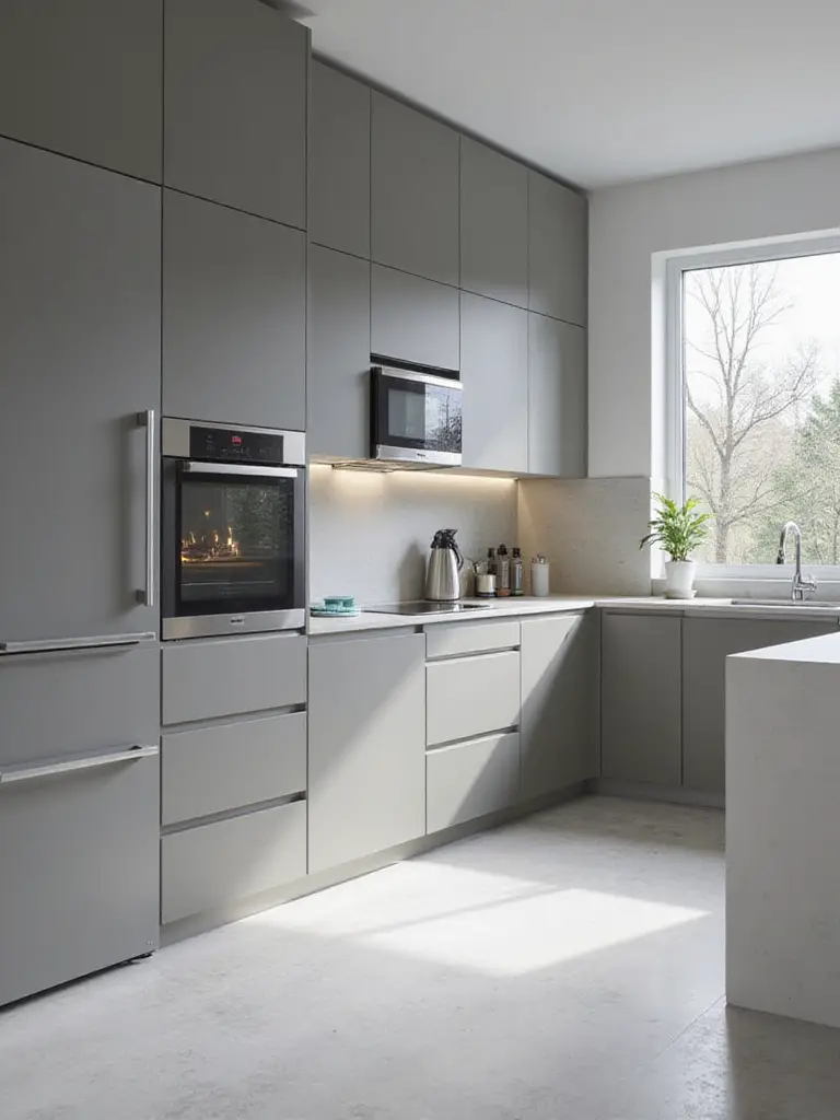 Modern kitchen with integrated appliances and seamless cabinetry