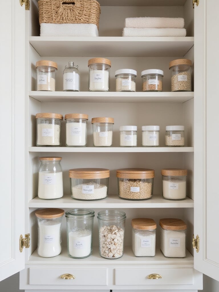 Organized bathroom cabinet with matching storage containers